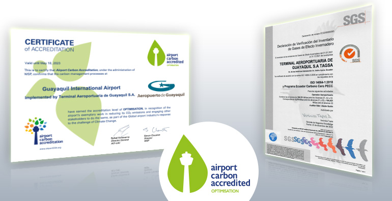 Diploma y logo del programa Airport Carbon Accreditation de ACI