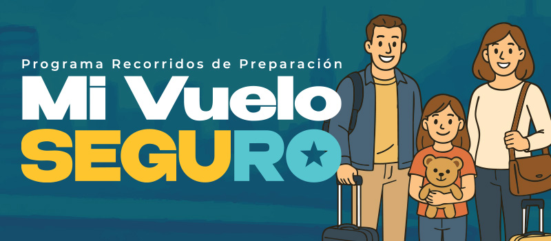 Title of the 'Mi Vuelo Seguro' (My Safe Flight) program, with an illustration of a family.